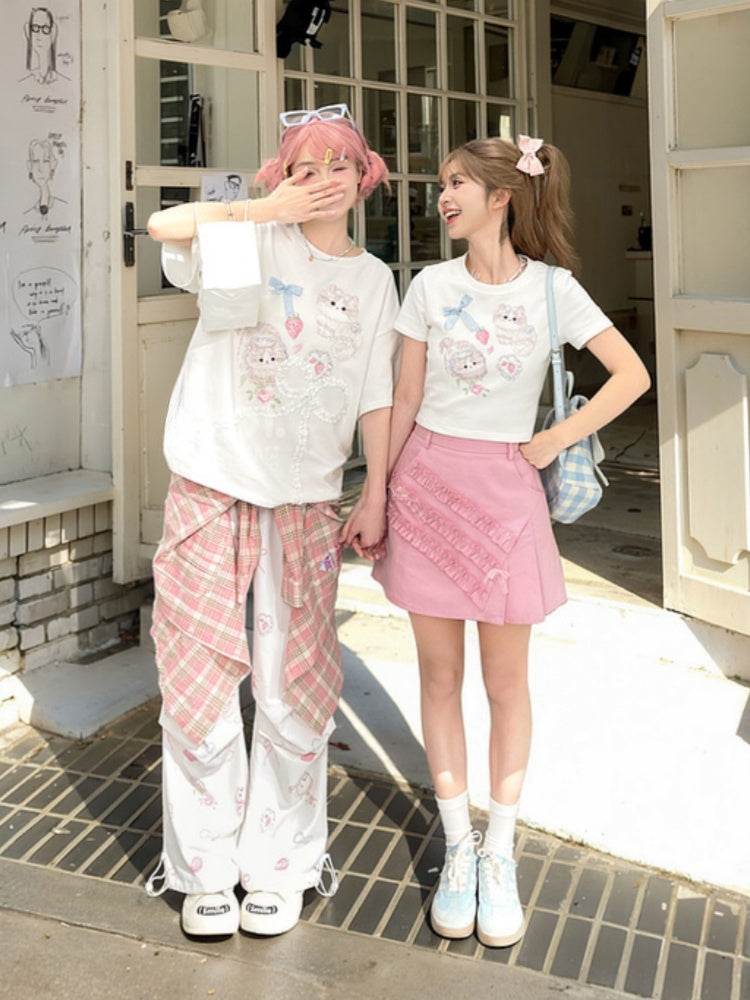 Long/Short Version Adorable Kitty Print Creamy White Round Neck T-Shirt