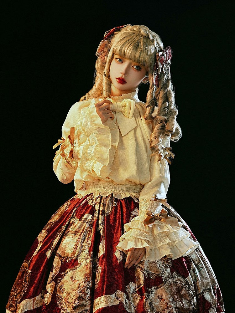 Sleeves Bell Details Rufflesand Lace Blousewith Lolita Apricot Bow
