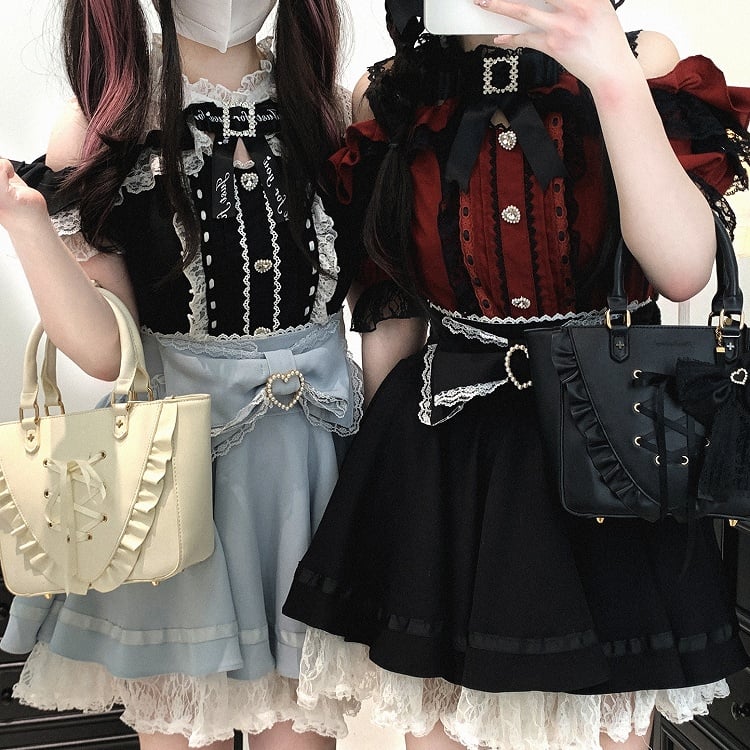 Jirai Kei Lace Bow Big Back Skirt Black/Light Trim Beaded Heart Decorated Blue Lace-up