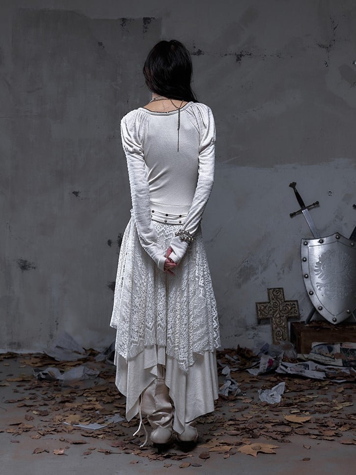 Punk Beige Juliette Sleeves Knit with Studded Dress Handkerchief Tiered Waist Hem