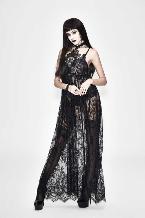Black Sheer Lace High-Waist Sexy Halter Long Gothic Dress for Women
