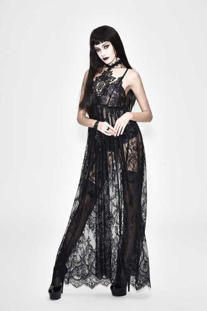 Black Sheer Lace High-Waist Sexy Halter Long Gothic Dress for Women