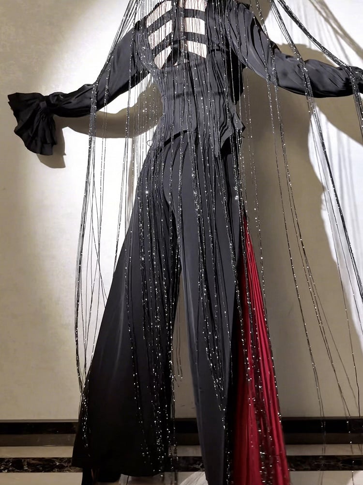 Wide-leg Ouji Pants Red Fashion Panel Black 110cm Pleated ( Extended ) High With Length Waist Chiffon
