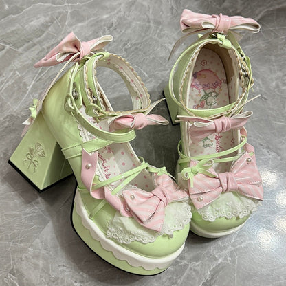 Bows with Striped Janes Lolita Heel Green Crisscross 8cm High Mary Light Block Design