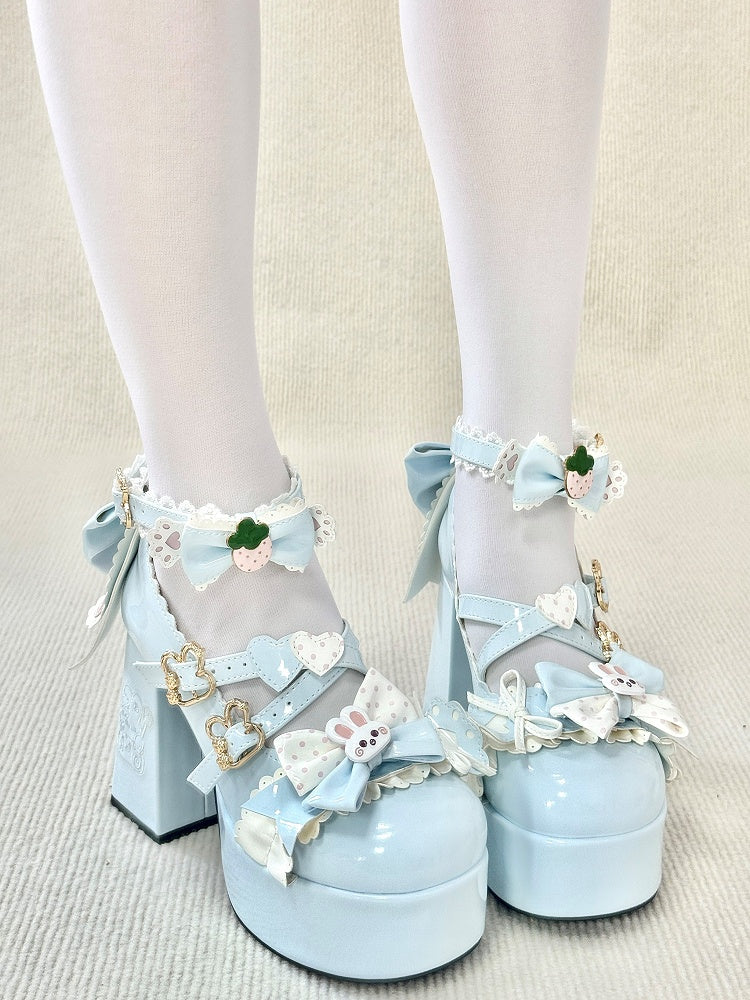 High-heel Bunny Decor Jane Bows with Mary Bunny/Strawberry Fastener Shoes Blue Light Sweet Lolita