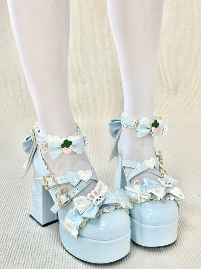High-heel Bunny Decor Jane Bows with Mary Bunny/Strawberry Fastener Shoes Blue Light Sweet Lolita