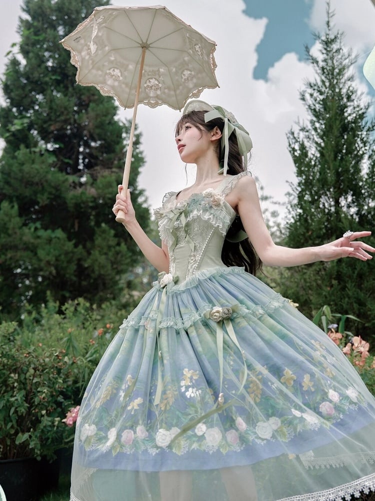Elegant Green Oil Painting Print Lolita Jumper Skirt Dress with Bustier-Style Boned Bodice - Haw Berry