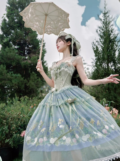 Elegant Green Oil Painting Print Lolita Jumper Skirt Dress with Bustier-Style Boned Bodice - Haw Berry