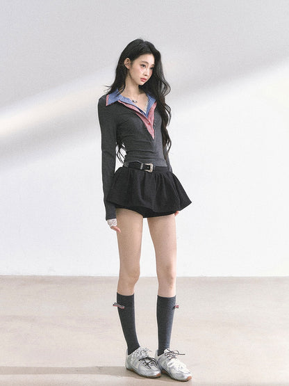 Karierter Kragen Grau Enganliegendes Top Faux Zweiteiler Rot