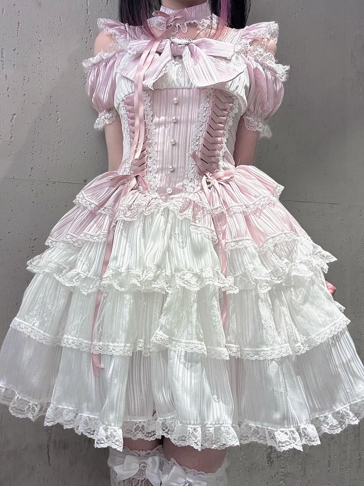 Pink Off-Shoulder Lace Dress with Choker - Virtual Paradise
