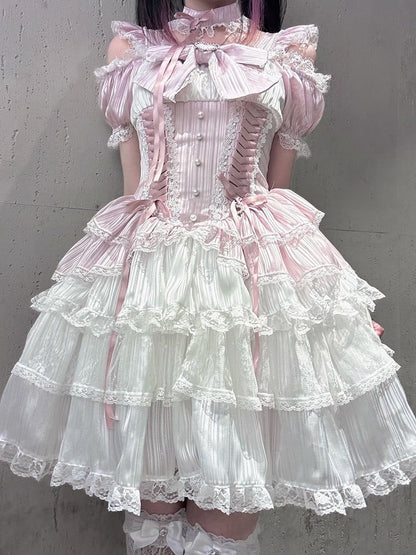 Pink Off-Shoulder Lace Dress with Choker - Virtual Paradise