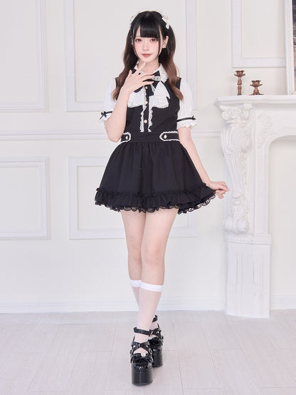 Short Sleeve Set: Shorts with Back and Straps Two-Piece Black Dress Matching Self-Tie Jirai Kei