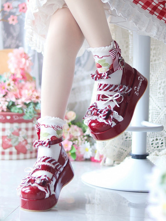 Red Sweet Details Lolita - for Heart-shaped Cat Fastener Print Mary Bowknot Wine with Janes