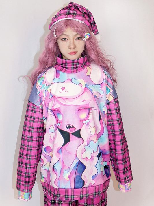 漫画とチェック柄プリントのオーバーサイズスウェットシャツ ギャルローズファッションレッド