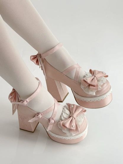 Pink Lolita Platform Block Heels with Lace Bow Buckle Straps & Fork Embroidery, Size 38 - love letter