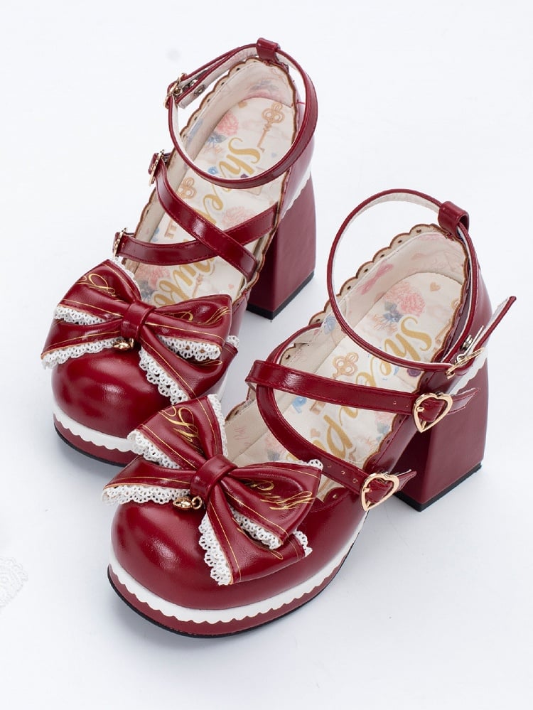 at Crisscross Design Red Block High Detachable Heels Heart Top Bow Buckles