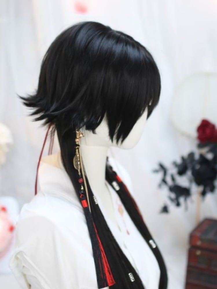 Schwarze, unterbrustlange, glatte Kunsthaarperücke mit Pony