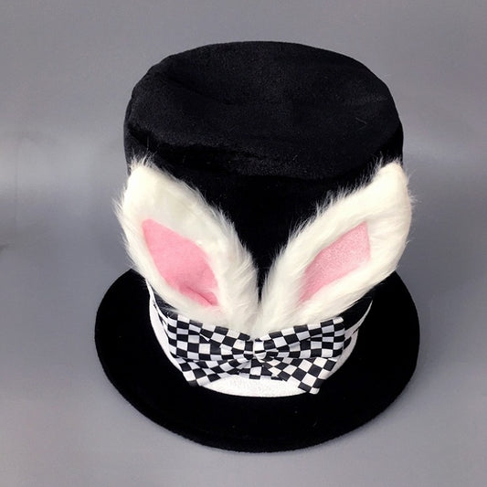 Rabbit Bow Hat Vibes Alice Black Faux Accent Ears Lolita with Checkered Top and