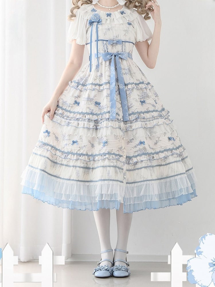 Floral Layered Ruffles Long Elegant Lolita White Version Print Dress Blue Classic