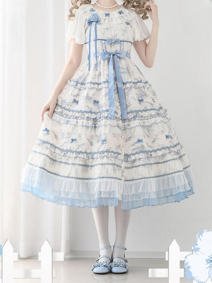 Floral Layered Ruffles Long Elegant Lolita White Version Print Dress Blue Classic