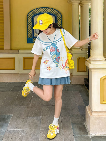 ホワイト ラウンドネック セーラーカラー プリント ゆったり かわいい Tシャツ