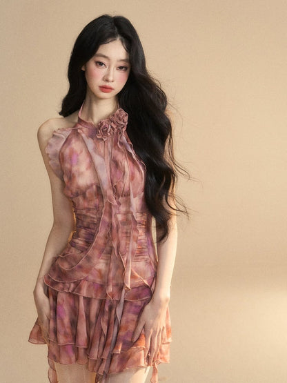 Brick Red Halter Neck Ruffled Hem Tiered Skirt Dress Glamorous