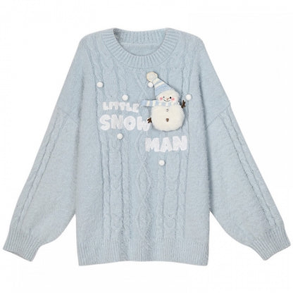 Cute Snowman Adorned Blue Mohair Soft Sweater