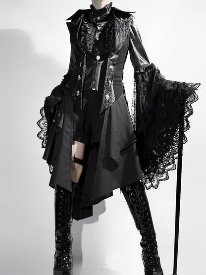 Lolita Ouji All Sleeves Tail Set Fashion Long Bell - Hemd + Weste Schwarz Gothic