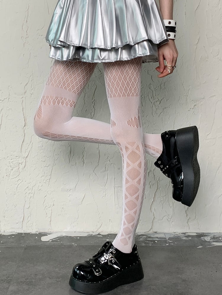 Gemusterte Strumpfhose mit Rautenmuster und kreuz und quer, Weiß, Y2K
