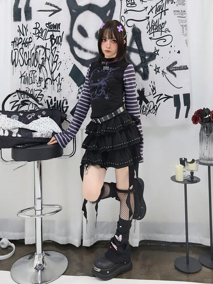 詳細 ティアードスカート ブラック カスケードフリル スタッド バレエコア