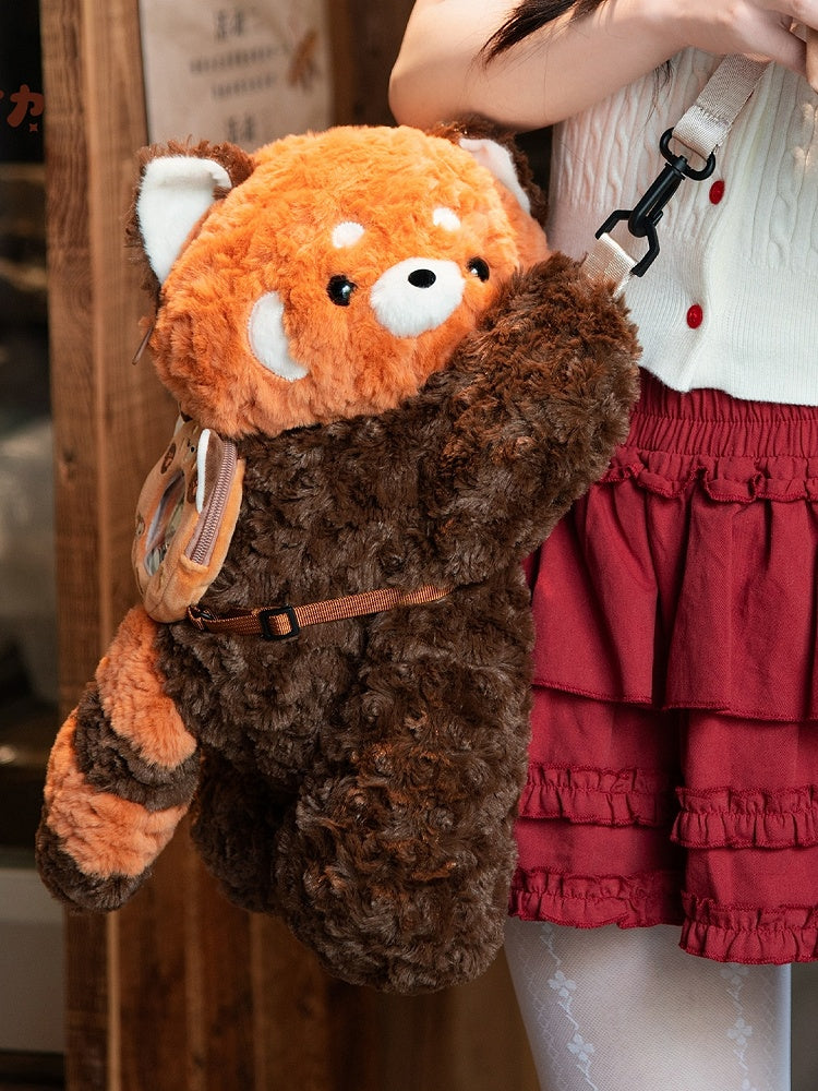 Bag Brown Plush Cute 40cm + Backpack/Crossbody Panda Keychain Red