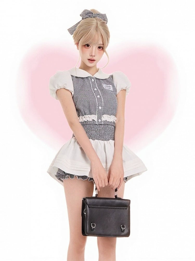 Black & White Gingham Peter Pan Collar Puff-Sleeve Blouse - serendipity