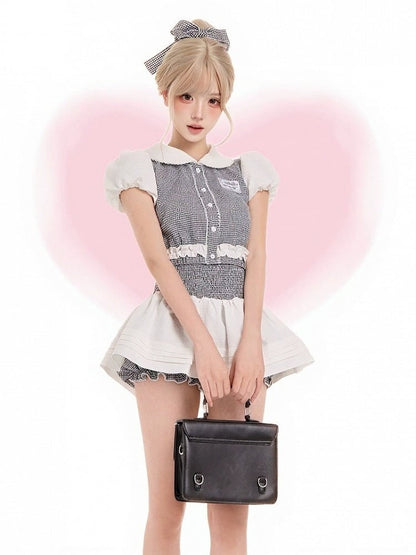 Black & White Gingham Peter Pan Collar Puff-Sleeve Blouse - serendipity