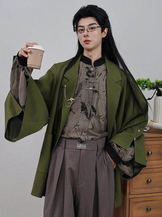 Blazer Front Slit Cuff Green Style Unisex Notched with Design Collar - Chinese Double-Breasted