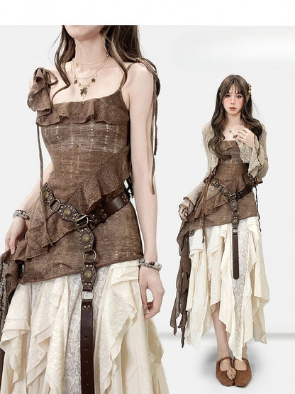 Glockenärmel Saum Weiß Millard Braun + Cardigan Fashion Kleid Asymmetrischer Cami Rock