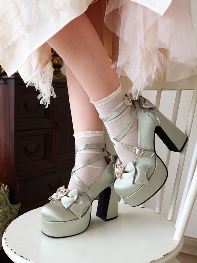 Ornate and Lolita with Heel High Platforms Block Strap Jane Mary Shoes Heart Bow Crisscross Green - Details