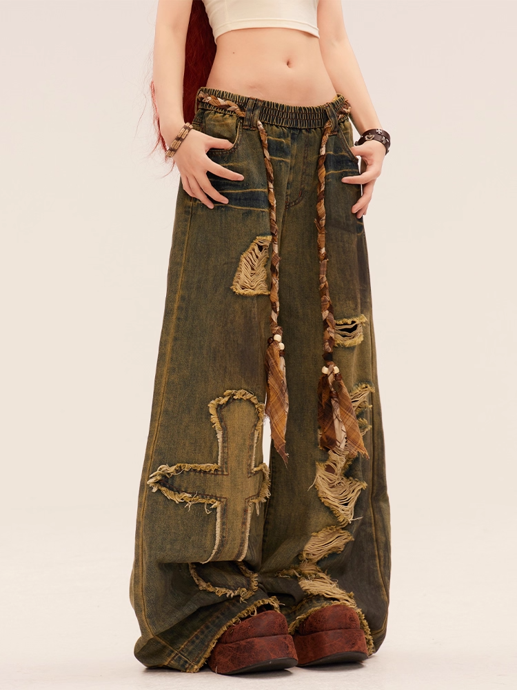 Blue Wasteland Punk Cross Applique Distressed Holes Low Rise Vintage Wide-leg Jeans