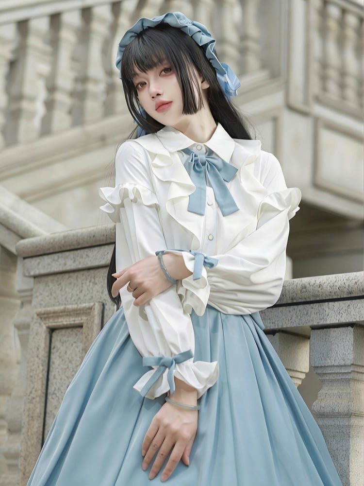 Bow Blue Tie Ruffled Detachable with Blouse Elegant White