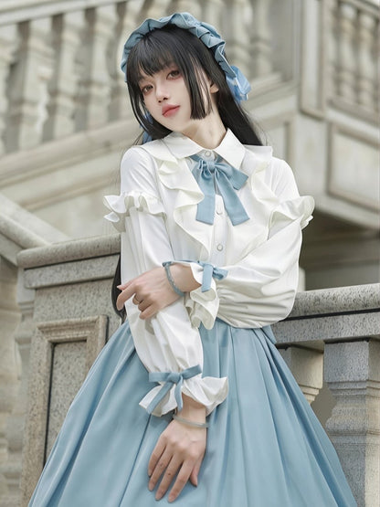 Bow Blue Tie Ruffled Detachable with Blouse Elegant White