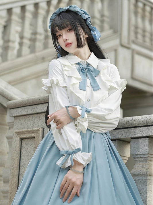 Bow Blue Tie Ruffled Detachable with Blouse Elegant White