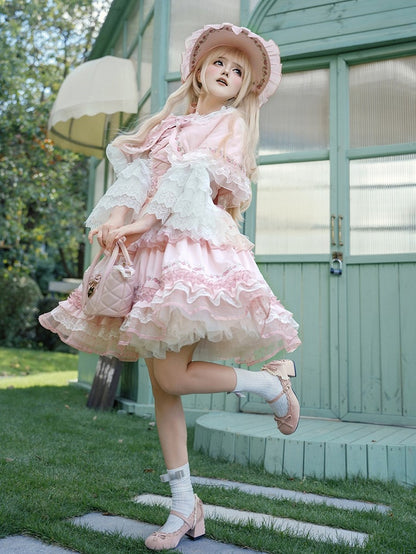 with Strawberry Pink Lolita Delight Ruffles Bonnet Lace