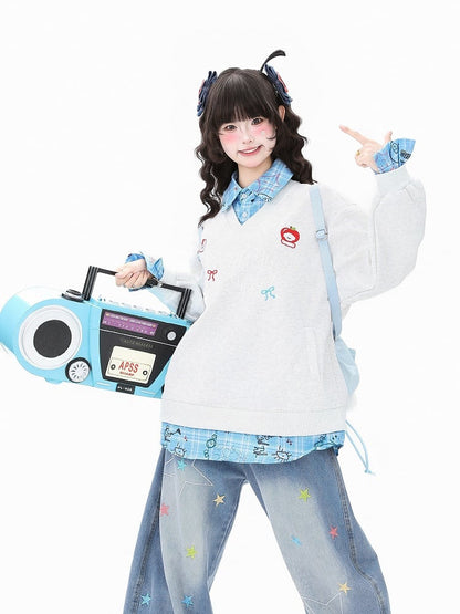 Design Blue/Pink Plaid Polo Two-Piece Faux Sweatshirt Collar