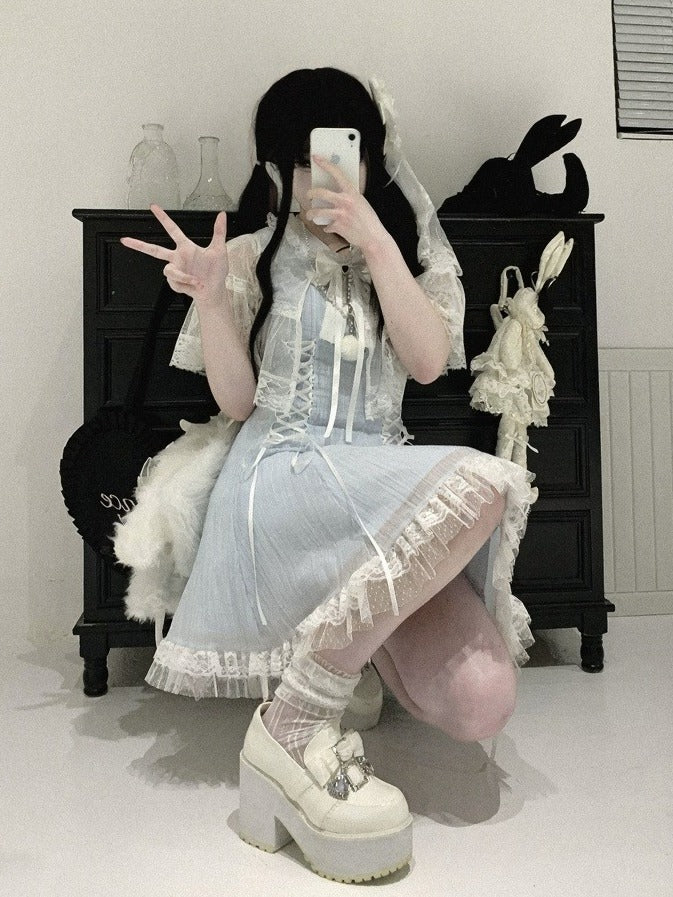 Lace Cape Design Dress with Bow, Short Sleeve, 4 Colors, Landmine - Kitty Bxllet