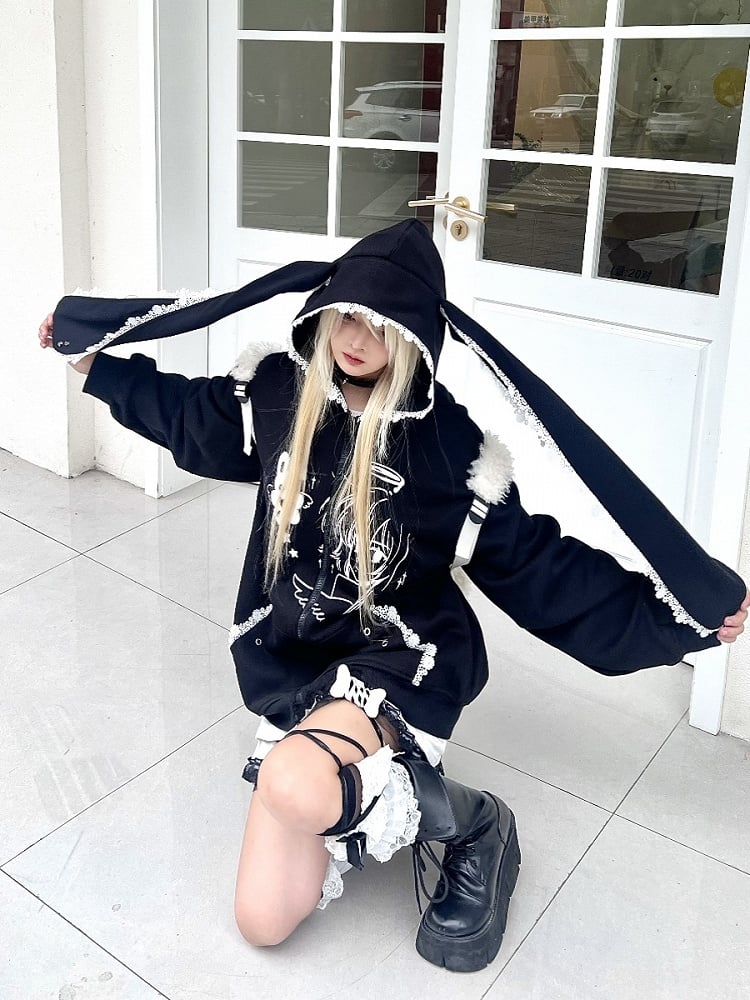 Black Girl Hoodie Bunny Anime Jirai Kei and with Design Print Ear