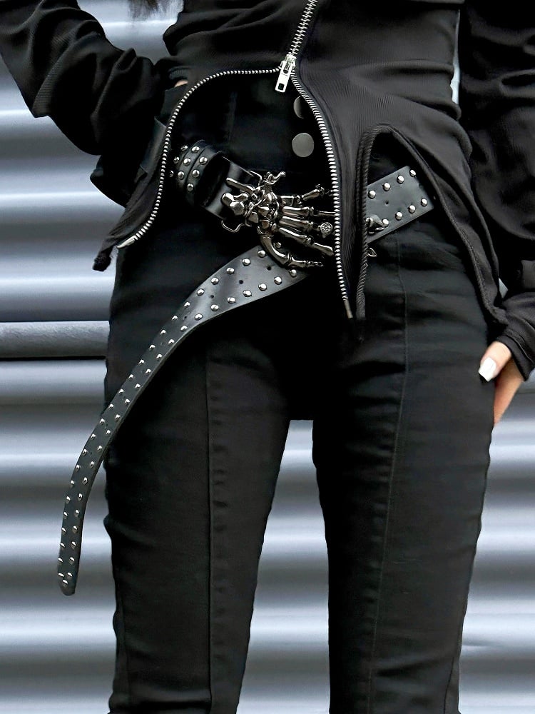 パンクなブラックハイウエストスリムフィットフィッシュテールパンツ、スケルトンハンドバックルベルト付き