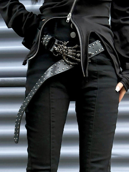 パンクなブラックハイウエストスリムフィットフィッシュテールパンツ、スケルトンハンドバックルベルト付き