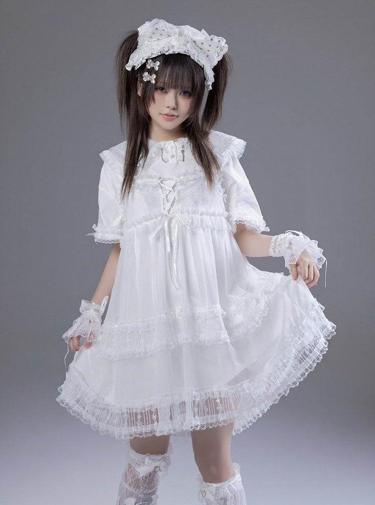 Peter Pan Collar Short Sleeve T-Shirt Dress with Print & Bows - Fluffy Heart