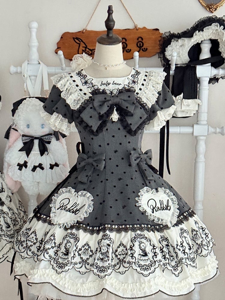 Gray Dot Sweet Lace-Trimmed Pattern Rabbit Dress Appliques with Polka Lolita Sweetheart