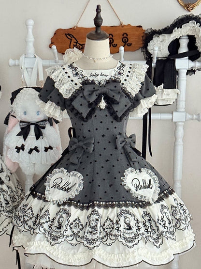 Gray Dot Sweet Lace-Trimmed Pattern Rabbit Dress Appliques with Polka Lolita Sweetheart