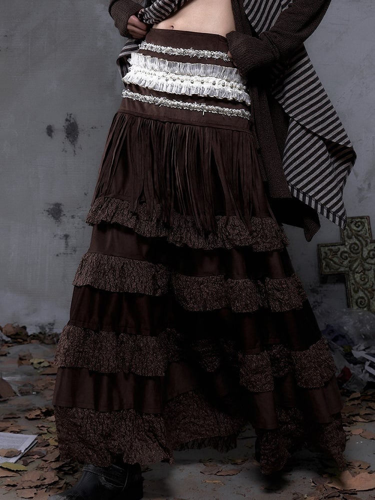 with Layered Trim Waist Ribbon Skirt Vintage Brown Lace Bohemian Suede Bead